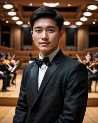 Fototapeta premium Asian young male musician orchestra hall background portrait with copy space