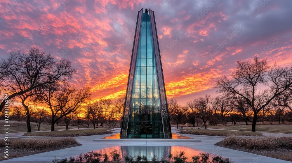 Aufkleber a sharp-angle view of a tall glass tower with reflective surfaces and geometric design elements agai