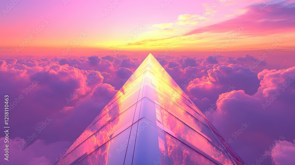 Aufkleber a sharp-angle view of a tall glass tower with reflective surfaces and geometric design elements agai
