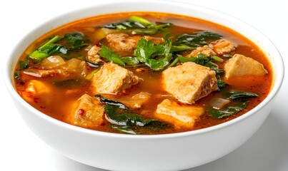 Spicy Tofu Soup Bowl, Studio Shot, White Background, Food Photography