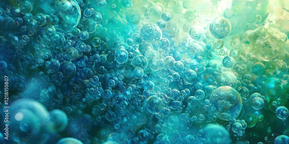 Poster abstract background of floating molecular structures with soft blue and green tones.