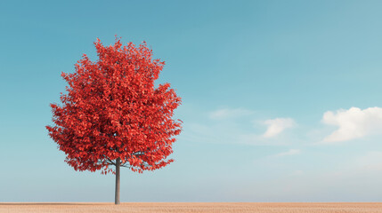 vibrant red tree stands alone against clear blue sky, evoking sense of tranquility and beauty