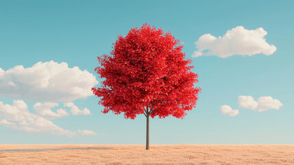 vibrant red tree stands alone against clear blue sky with fluffy clouds, creating serene landscape