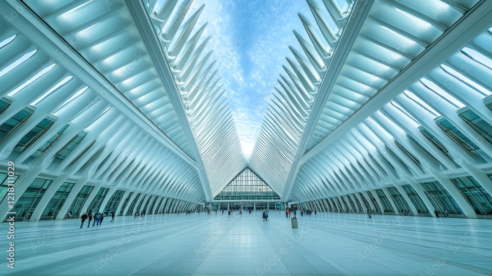 Poster a sleek modern train terminal with open, airy spaces and clean architectural lines, emphasizing func