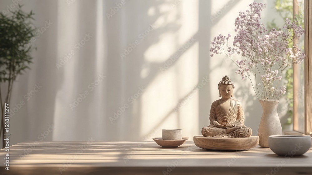 Poster a small wooden buddha statue in a minimalist setting with a soft glow of light and neutral tones cre