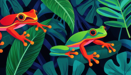 Naklejka premium Colorful frogs on vibrant leaves in lush jungle setting