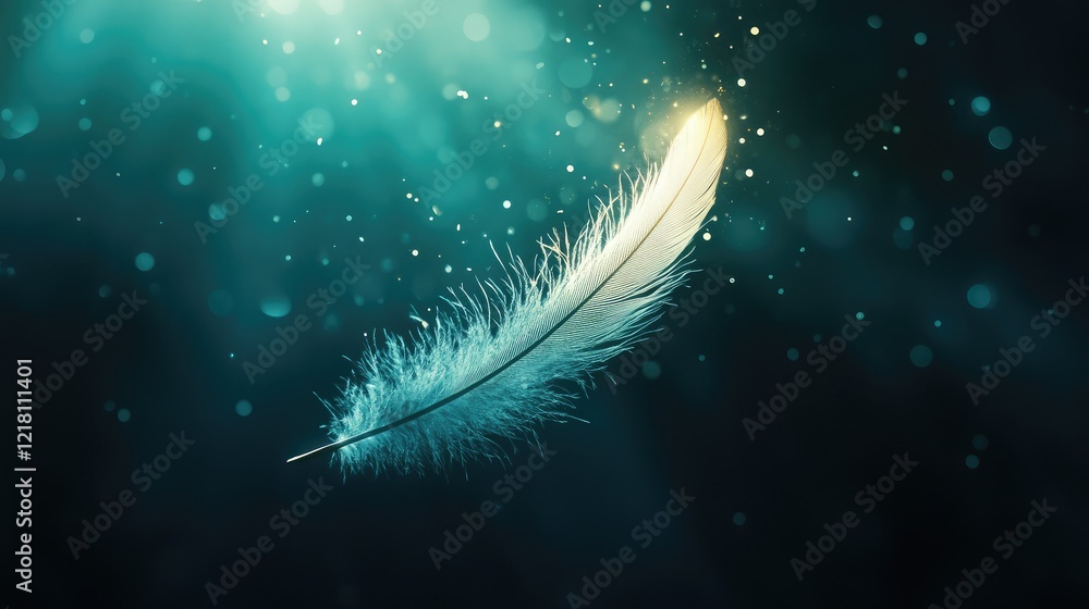 Poster a soft glowing feather floating in mid-air with light rays streaming through, symbolizing lightness 