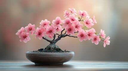 Stunning Pink Bonsai Tree in Full Bloom, A Symbol of Tranquility and Serenity