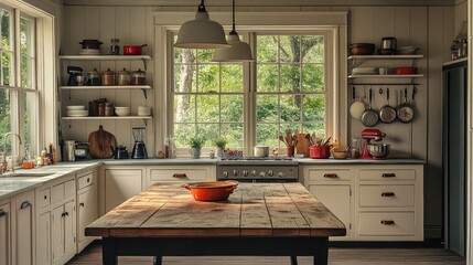A spacious kitchen with a wooden table in the center, plenty of storage space, and open counters, perfect for meal prepping and cooking