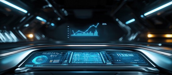 A single-line graph on a futuristic car dashboard, glowing with blue light, 