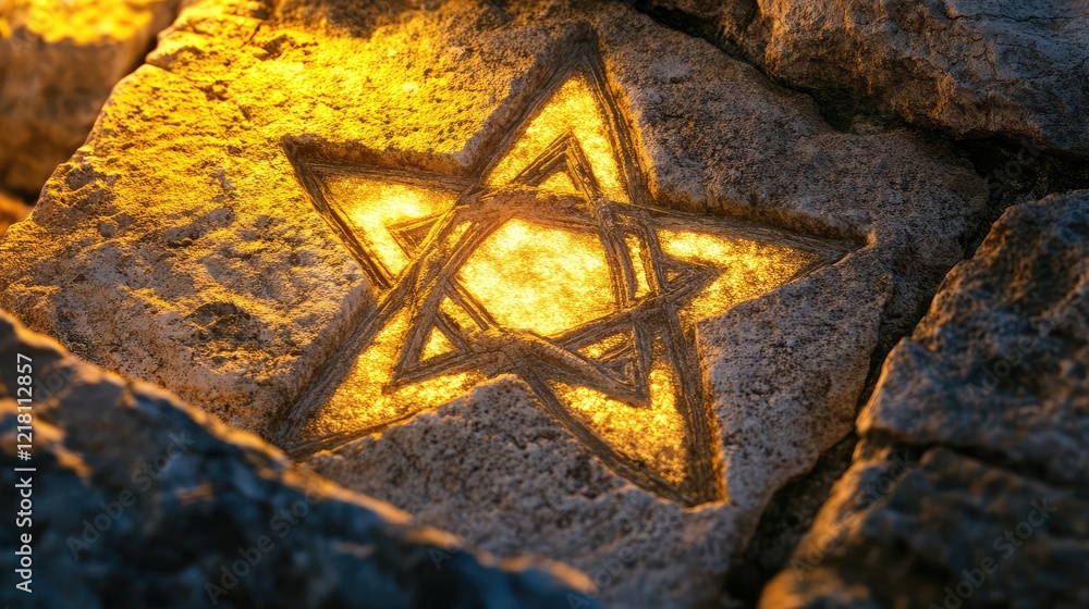 Poster a star of david subtly embossed on an aged stone texture, illuminated by soft golden light with spac