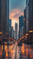 Fototapeta premium Majestic Urban Skyline at Dusk with Tall Buildings and Glowing Streetlights, Beautiful Cityscape Photography for Architecture Enthusiasts