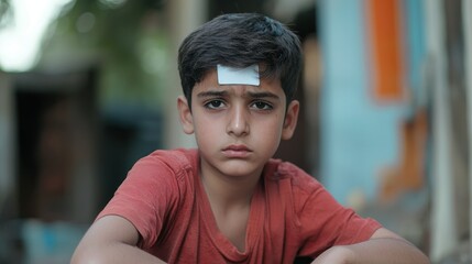 Fototapeta premium A boy sitting with a fever patch on his forehead, looking lethargic and unwell.