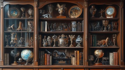 Wooden Cabinet full of trophies and awards