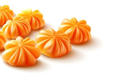 Orange candies scattered on white background, sweet treats, food photography, website banner