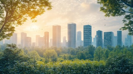 Obraz premium Sunrise cityscape with lush green park.