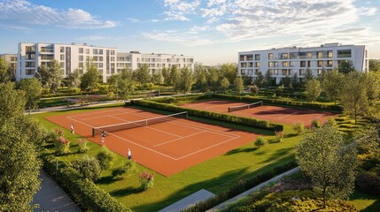 Fototapeta premium A vast multi-purpose sports complex featuring tennis courts, a running track, and well-kept lawns, set in a peaceful and scenic environment