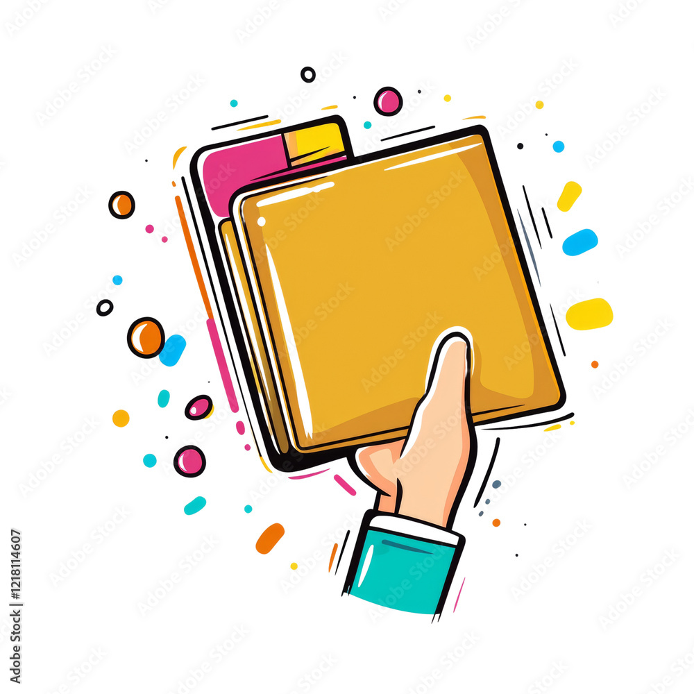 Poster a hand is depicted holding a bright yellow file folder with a pink tab against a dark background wit