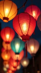 Obraz premium Glass paper lanterns in a balloon-like shape hanging from the ceiling, paper, fun, festive