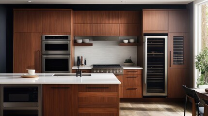 A well-organized kitchen with a smooth white countertop, wooden cabinetry, and sleek appliances, creating an ideal space for cooking and entertaining