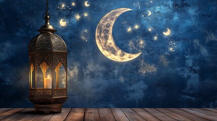 Ramadan Kareem background with golden lantern and crescent moon