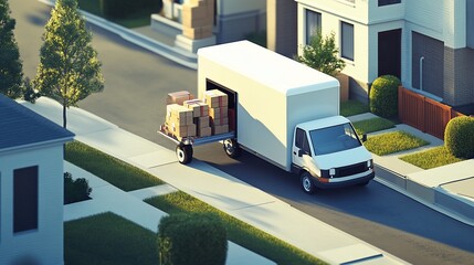 Moving truck delivering cardboard boxes in a residential area