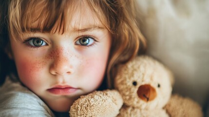 A child with a red nose and watery eyes, sniffling while holding a stuffed animal.