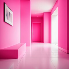 Corridor with pink floor and staircase in a modern indoor setting