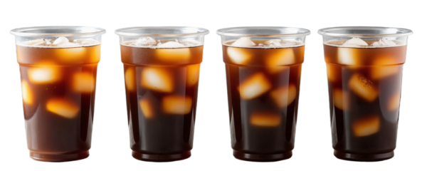Four plastic cups with iced dark liquid and ice transparent background