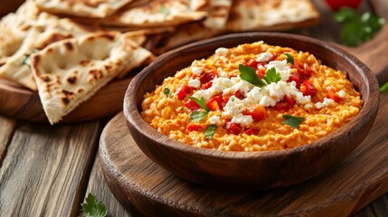 Close-up of rice and roasted red pepper and feta cheese dip with pita bread on a wooden board, emphasizing creamy and savory aspects. Ideal for appetizers and Mediterranean snacks.