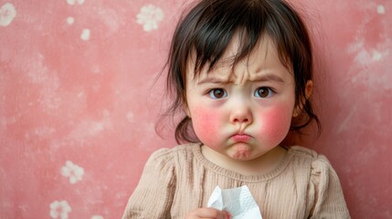 A child with red cheeks and a tissue in hand, looking congested and uncomfortable.