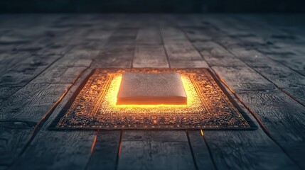 Shahada written in glowing lines on a prayer rug, faith and guidance visualized, 3D illustration