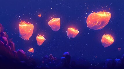 Vibrant glowing fire embers floating in a dark night, symbolizing warmth, resilience, and uplifting energy