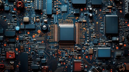Close-up of a complex circuit board with a central processor.