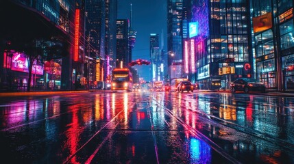 Fototapeta premium Neon Cityscape at Night: Rain-slicked Streets Reflecting Vibrant Lights