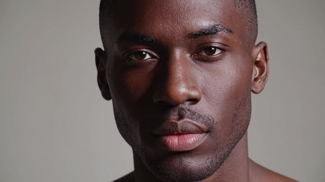 A close-up portrait of a young african american man with smooth skin and sharp features staring intensely into the camera with a neutral background
