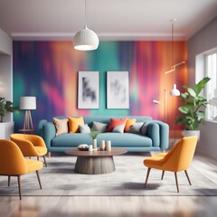 Fototapeta premium colorful Modern living room with a stylish armchair and a lamp, wooden table, surrounded by indoor plants and soft curtains, sun ray through large window, designed with comfort and elegance in mind