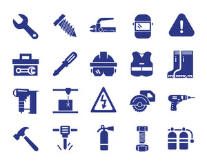 Tools Icon Pack, a pack of tools in blue color with a white background, consists of 20 icons for your industrial-related project.