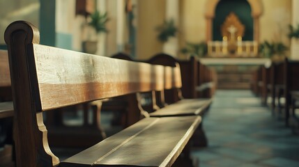 Sunlit Church Pew: A Moment of Tranquility