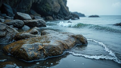Gentle waves washing over a rocky shoreline, with smooth, weathered stones and patches of seaweed scattered along the coast. The overcast sky creates a soft, diffused light.