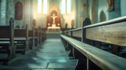 Tranquil Church Interior: Wooden Pews and Soft Light