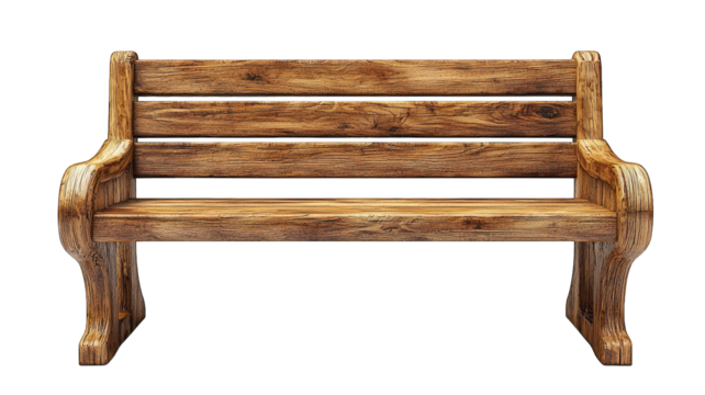 Empty wooden park bench isolated on black background for design