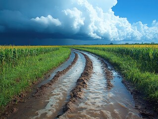 Muddy country road winds through cornfield under dramatic sky landscape