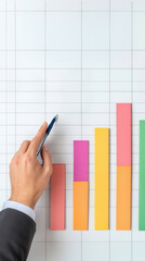 Clean whiteboard with graph and chart background concept. Hand pointing at colorful bar graph on a whiteboard background