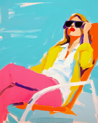 Obraz premium contemporary pop art painting of a woman sitting poolside wearing sunglasses from the 1960s Palm Springs style fashion illustration using muted pastel colors. pink, white, yellow, blue