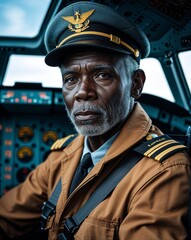 Obraz premium black African old male pilot airplane cockpit background portrait with copy space