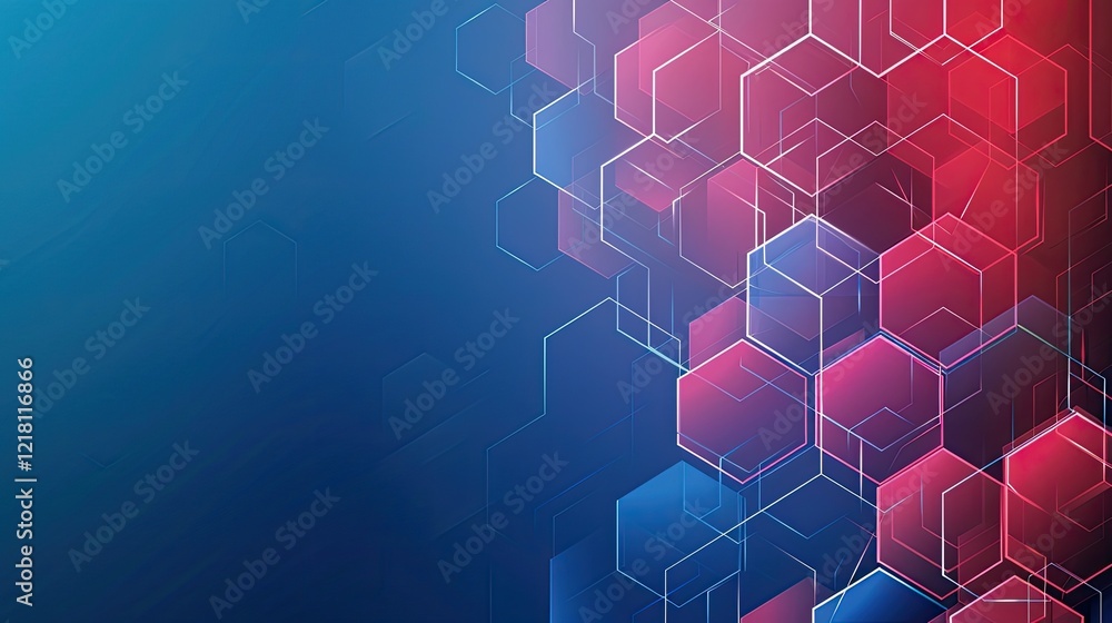 Wall mural abstract hexagonal pattern in red and blue tones, suitable for backgrounds or tech designs.