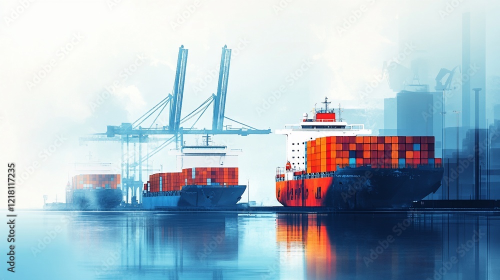 Poster container ships docked at a port with cranes loading and unloading cargo in the fog