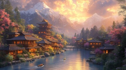 Fototapeta premium Serene Asian village nestled in a mountain valley at sunset, boats on calm river, illuminated buildings.
