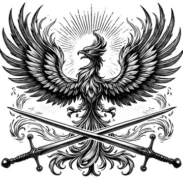 Phoenix tattoo with swords crossed sketch black and white